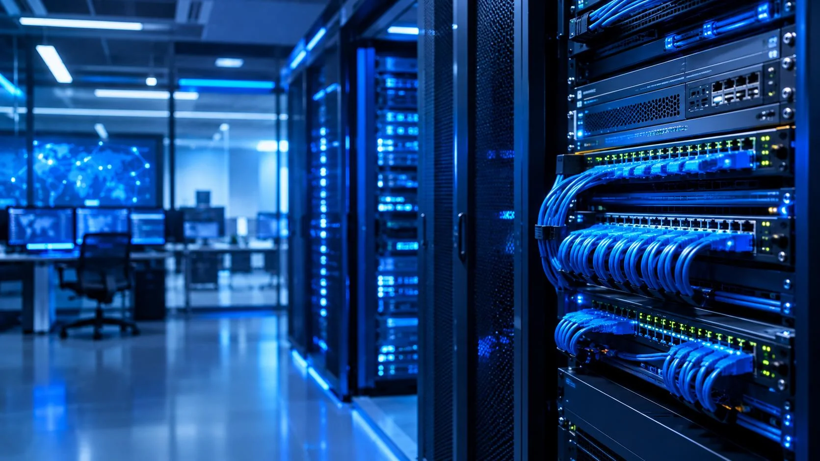 Server room with rows of IT infrastructure and networking equipment in a modern data centre